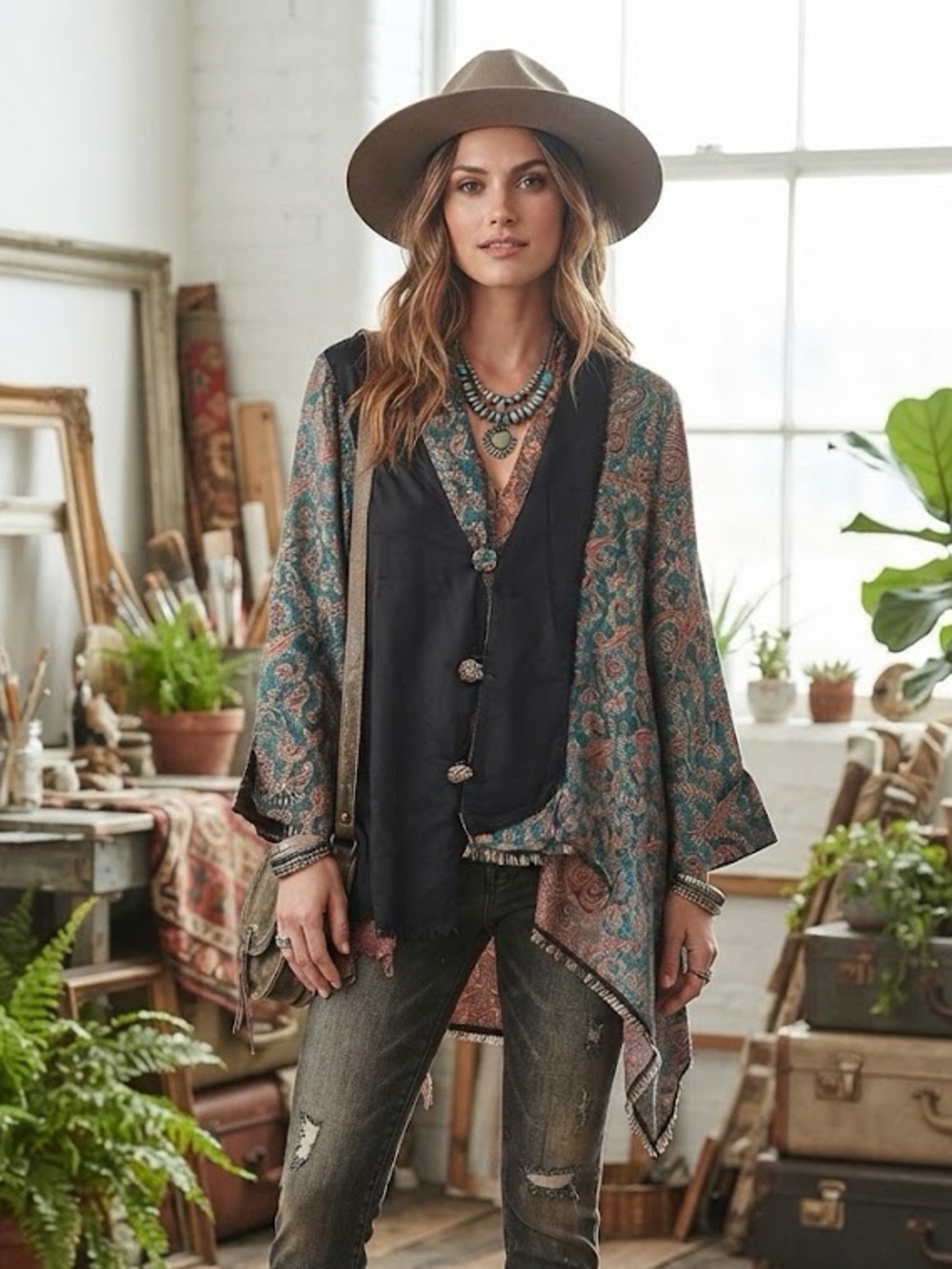 ✨Sterling Styles Wearable Art NWT Boho Paisley Asymmetrical Kimono Patch Jacket